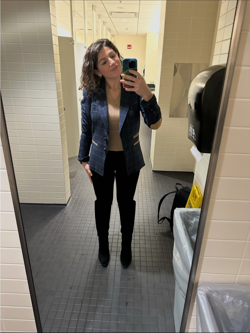 Veronica Beard Navy Plaid Blazer with Tan Elbow Patches